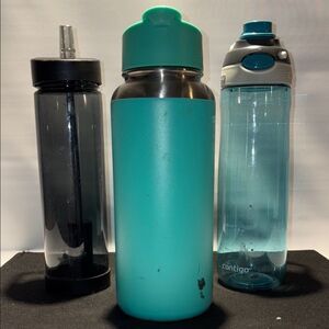 Black, Teal, and Blue Water Bottles